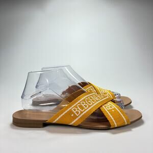 BCBGeneration Yellow Criss Cross Logo Strap Flat Sandals Women's Size 9